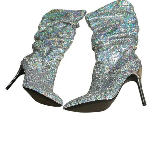Glitter slouch high heel party boots!! Taylor Swift iridescent  sequin silver EC - Picture 9 of 15
